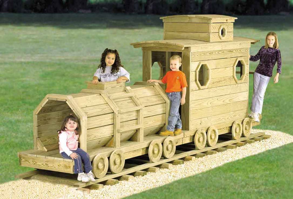 A wooden caboose and tanker play structure with kids playing inside it.