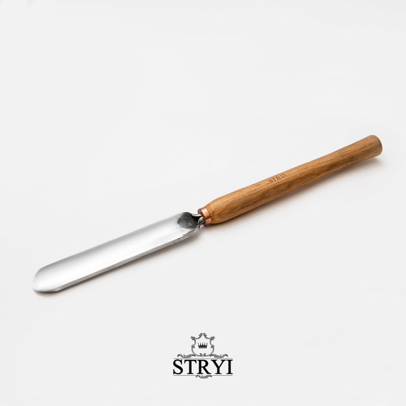 The image shows the 30mm Stryi Turning Bowl Gouge with the blade attached to the handle with a copper color ferrule.