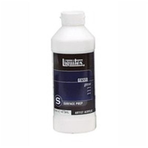 A 32-ounce bottle of Liquitex White Gesso 32oz with a black, blue, and white label.