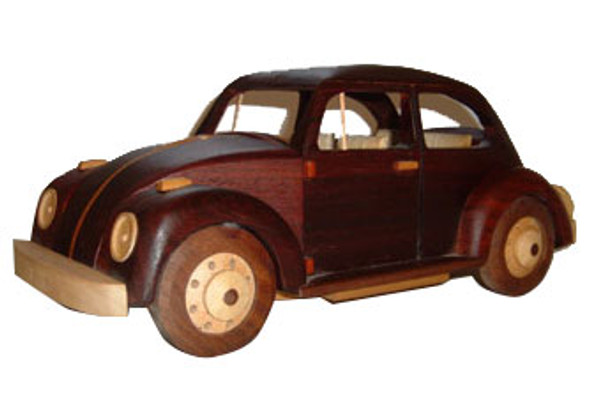 A wooden model of the finished The Bug Wood Model Car Plan.