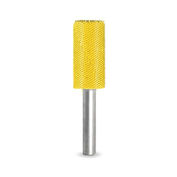 A SaburrTooth 5/8" Cylinder in a yellow Fine grit with a 1/4" Shank