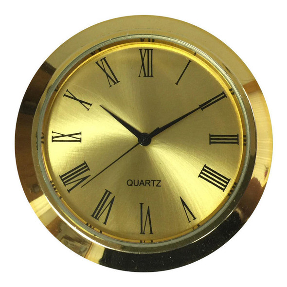 An Gold Roman 2" Clock Insert with a gold bezel and black clock lettering.