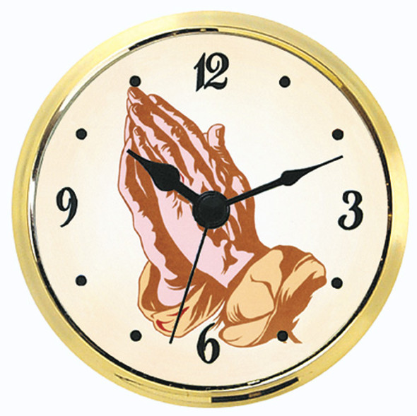 A mini clock insert with a set of praying hands in the background of the clock with Arabic numbers.
