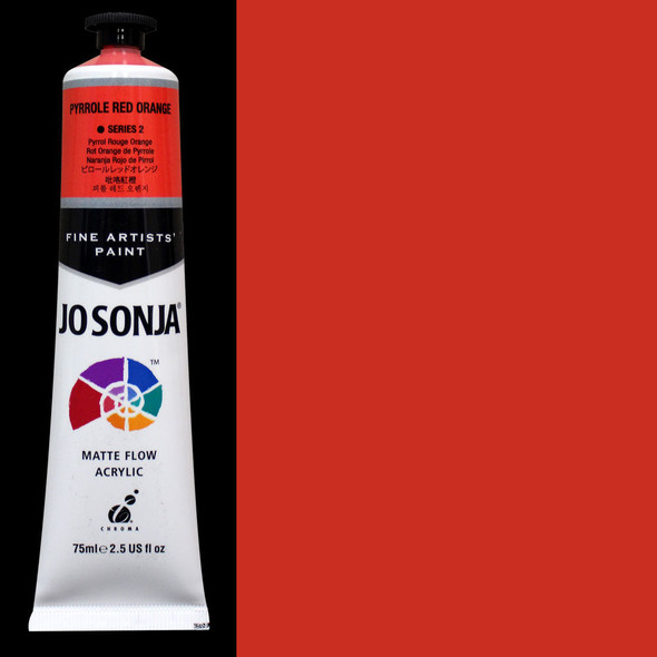 The Jo Sonja Pyrrole Red Orange Acrylic Paint is in a 2.5 ounce tube with a color swatch next to the tube.