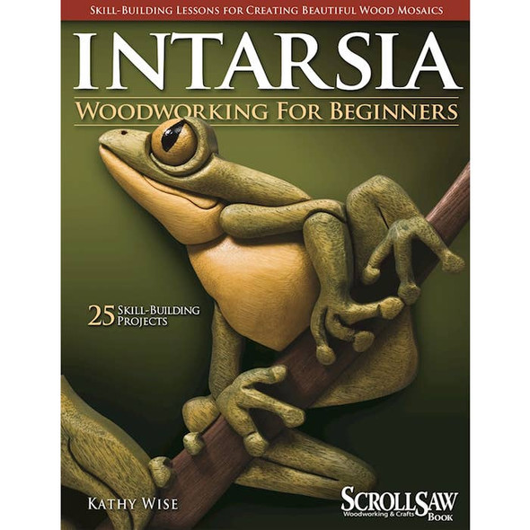 The front cover of Intarsia Woodworking for Beginners with a frog on a tree limb.