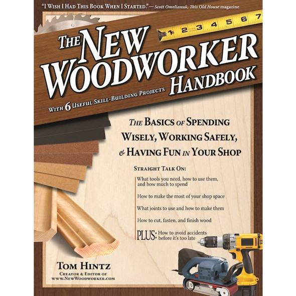 The front cover of the book New Woodworker Handbook with wood and tools.