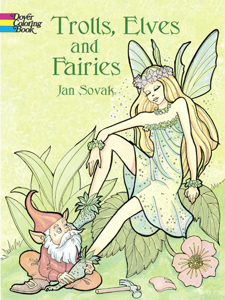 Trolls, Elves,And Fairies Coloring Book showing a troll with a Fairy sitting on leaves.