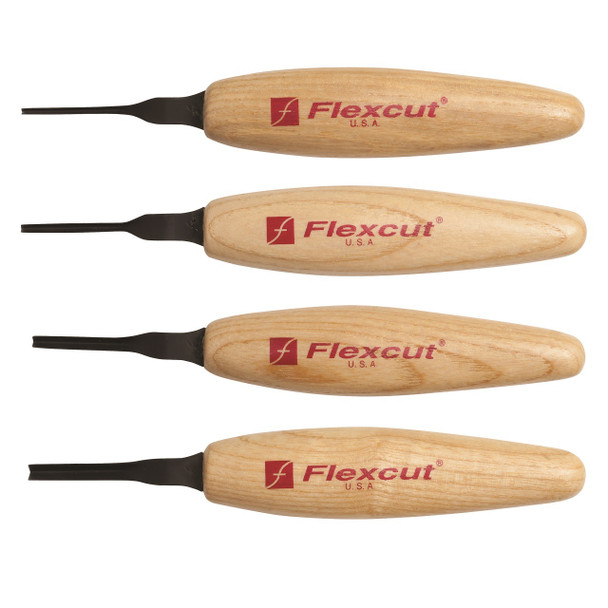 Flexcut MT800  90°Parting Micro Tool Set, showing four different 90° Parting Micro Tools. MT39 1.5mm, MT40 2mm, MT41 3mm, and MT42 4mm.