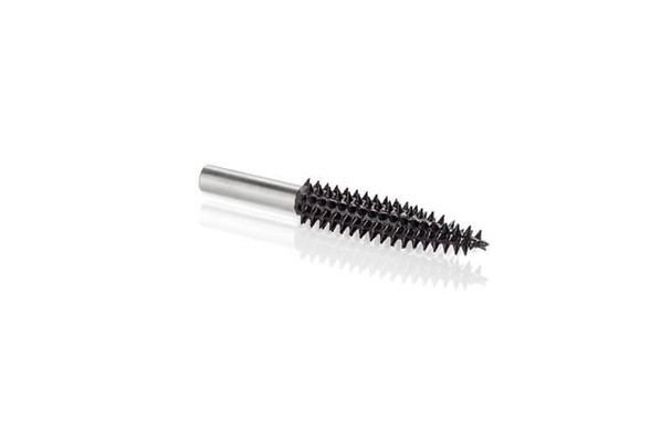 Kutzall Extreme 1 1/2" Taper Burr with a 1/4" diameter head and 1/4" shank shown in black which represents coarse cutting in Kutzall carbide burrs.