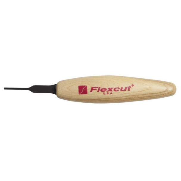 A view of the Flexcut 1/16 Micro Chisel 1.5mm with the logo on the 4 inch handle.