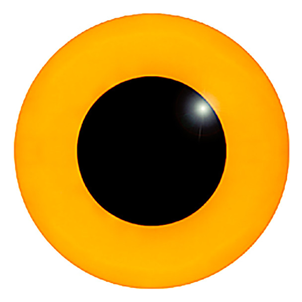 A straight on view of the front of a straw glass eye showing the black pupil.