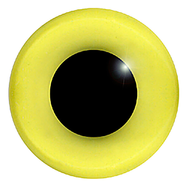 A straight on view of the front of a light yellow glass eye showing the black pupil.