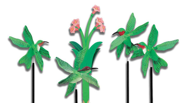 The set of Hummingbird whirligigs is totally finished and mounted on posts using our Hummingbirds Whirligig Plan.