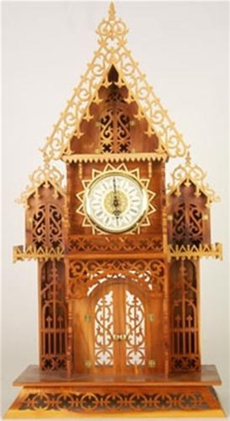 A view of the completed scroll saw clock with a clock movement and metal dial using The Iowan Scroll Saw Plan.