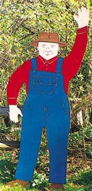 Showing a finished painted cut out  of a woodworking project with a Man Waving wearing a straw hat and blue overalls and a red shirt. 