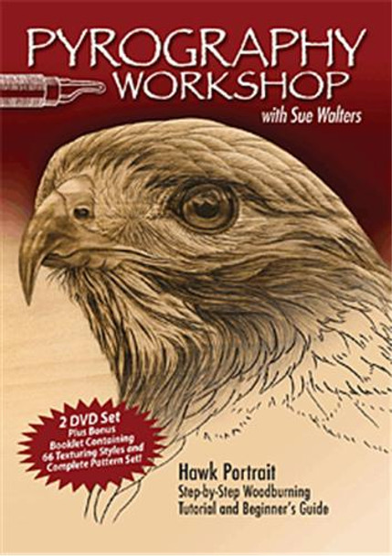 The front cover of Pyrography Workshop DVD is showing a hawk that you can wood burn.