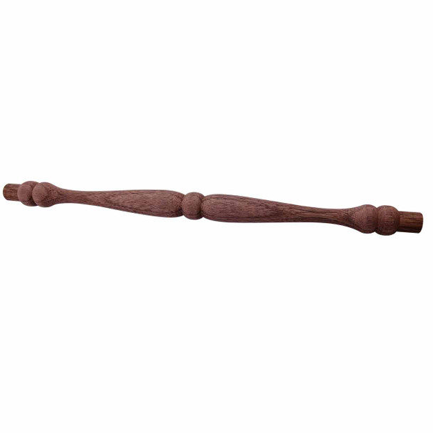 An 11" long walnut spindle with 1/2" tenons that are 1/2" long and a center that is almost 3/4" wide at the largest point.