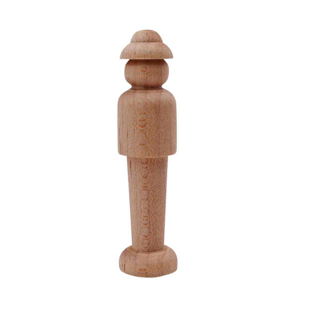 A wood little person standing with a hat.