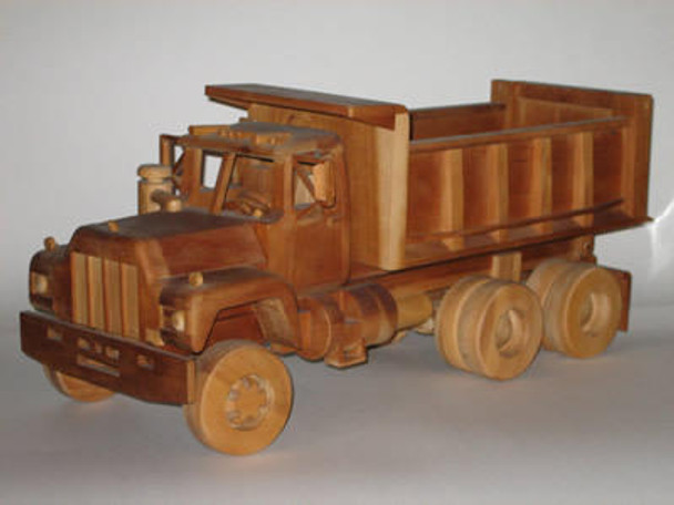 A wooden model completed from the Dump Truck Model Toy Plan.