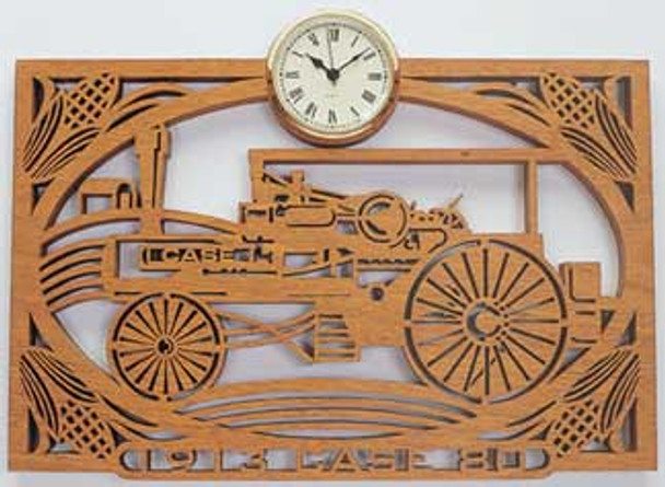 Finished cut out in cherry  of a 1913 Case 80 Tractor in a frame with a clock insert on top using the Cherry Tree Toys Pattern.