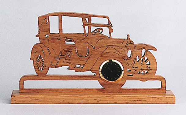 This is a finished car with a clock insert in the right front tire using our  1914 Brewster Scroll Saw Clock Pattern.