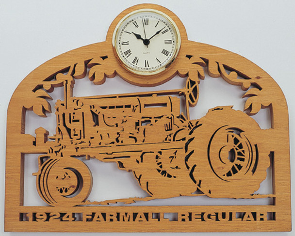 This 1924 Farmall Regular with a clock insert is the finished scroll saw cut out made from the  1924 Farmall Regular Clock Pattern.