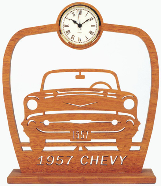 This is the finished car on a piece of oak using the 1957 Chevy Clock Pattern.