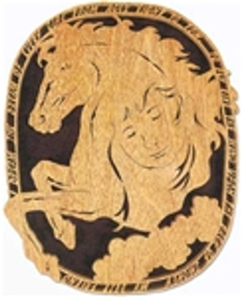 This is the finished cut out of the  A Girl and Her Horse Plan on a piece of oak.