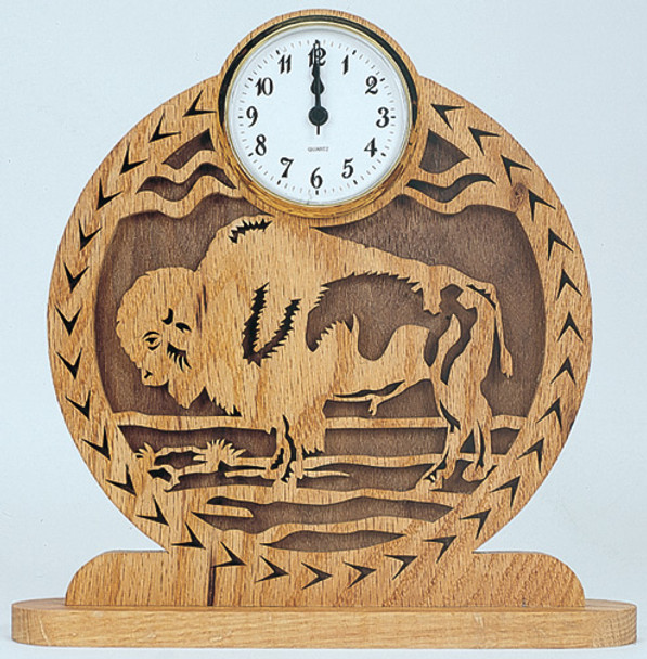 Buffalo made from oak and walnut with a 2 3/4 inch clock insert above the Buffalo using the Buffalo Clock Pattern.
