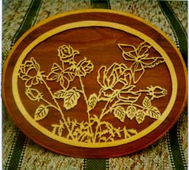  Enjoy the finished scroll saw silhouette cut out of Roses with a Butterfly hovering above using the Butterflies & Roses Pattern.