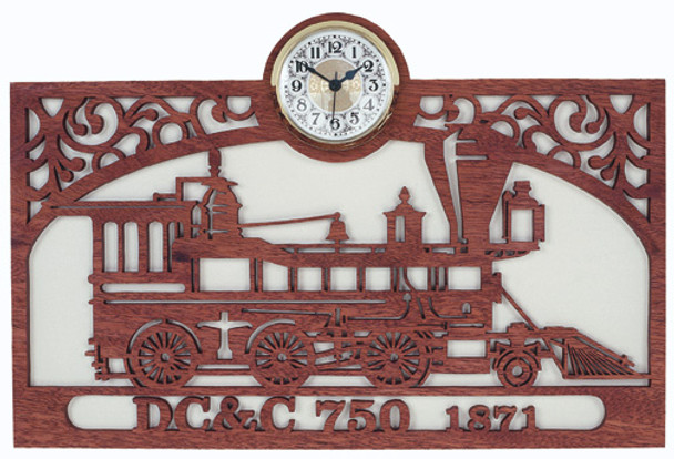 A view of the DC&C750 Train in a dark walnut frame and a clock insert at the top made from the DC & C 750 Train Pattern.