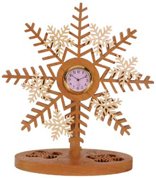 This is a view of the finished scroll saw project using our Mini Snowflake Clock Pattern.