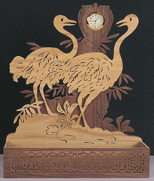 A view of a finished scroll saw project using our Ostrich Clock Pattern.