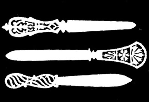 This is a photo of the Paper Knives Pattern showing three different knifes with scroll sawn details.