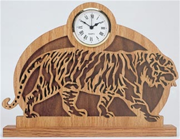 A view of the finished clock using our Prowling Tiger Scroll Saw Pattern.