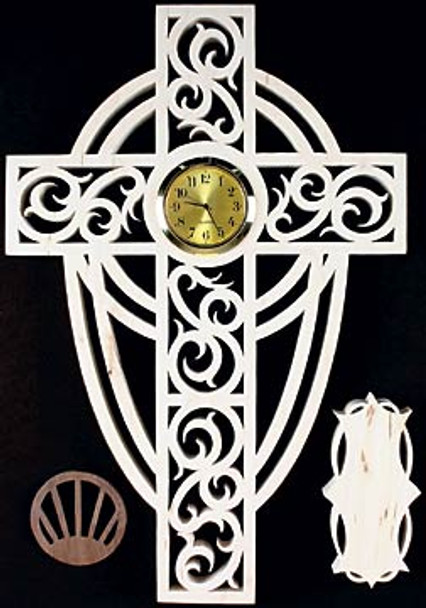 This is an image of the finished Sunshine Cross with a clock insert in the middle of the cross, an optional base , and hole cover for the clock insert.