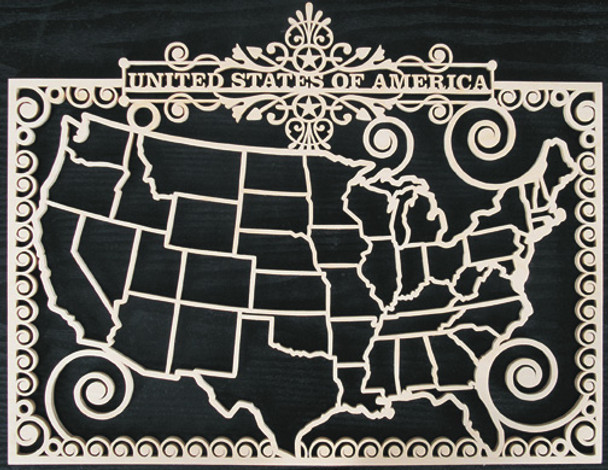 This finished scroll saw map is from the USA Map scroll saw pattern. There is lots of detail in the fretwork on the map. It is featured in a light colored wood and a black background. 