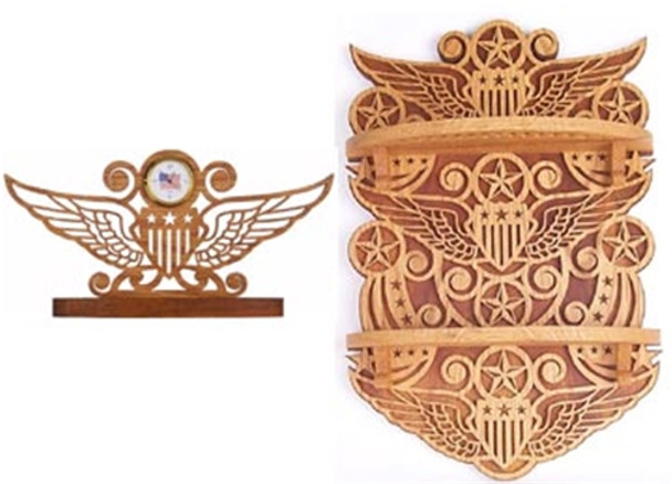 Single set of wings and stripes with a clock insert. Three sets of wings and stripes all scrolled into one design with two shelfs.