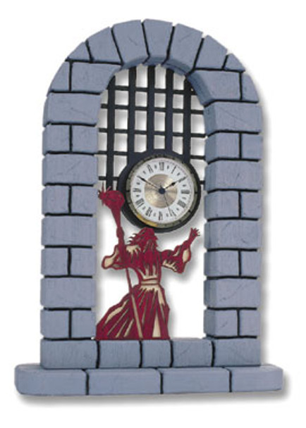 Wizard standing at the Gate with a clock insert surrounded by a brick arched wall.