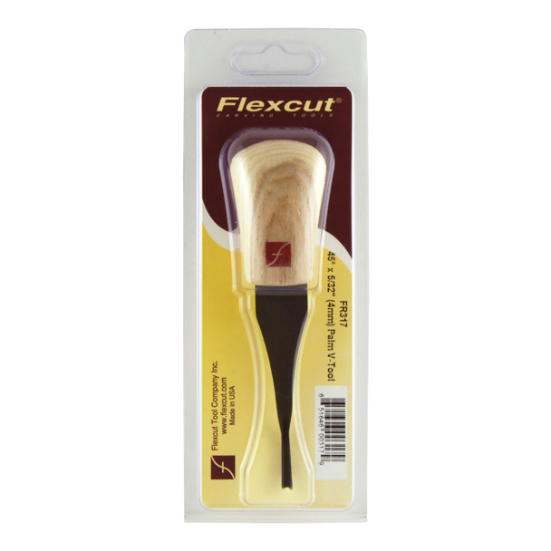 The packaging of the Flexcut tools lets the carving tools shine through with its see through appearance that is surrounded by the specifications of the V-tool on the package.