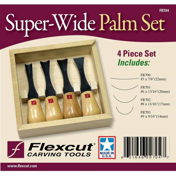 The cover of the Flexcut Super wide palm carving tool set showing the carving tools included in the set along the profile drawings and specifications of each tool.