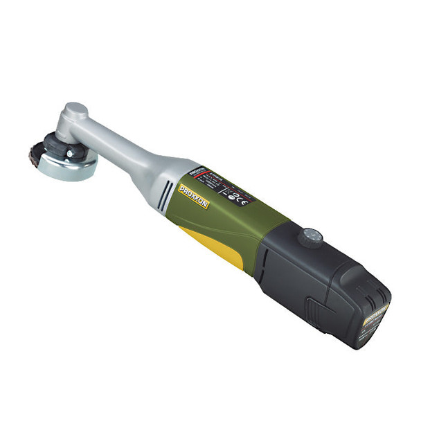 A Proxxon Cordless Long Neck Angle Grinder showing the side profile witha sanding disk attached to the head and a battery pack attached to the end of the tool.