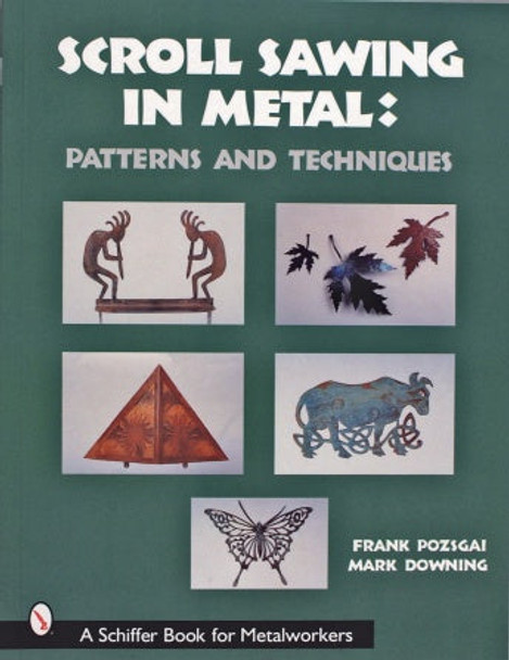 This image features the cover of the book Scroll Sawing in Metal:  Patterns and Techniques with a butterfly, a bull, maple leaves, a pyramid and the Kokopelli dancing with a flute .