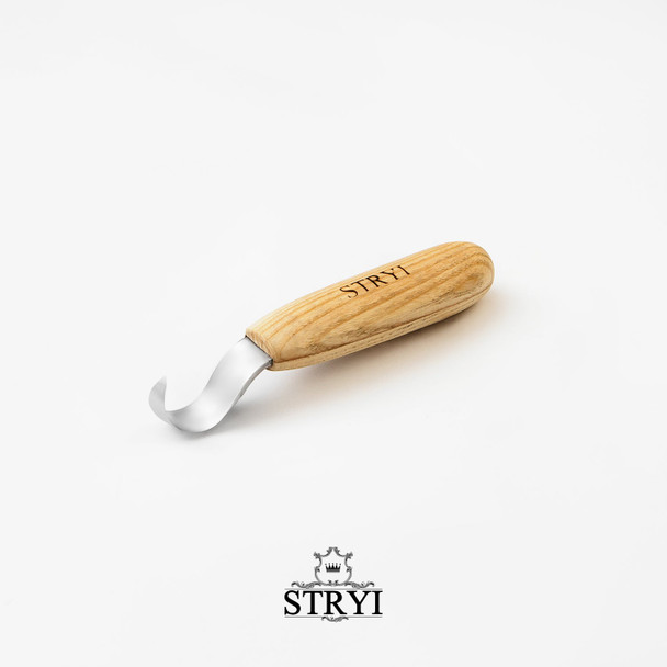 This is a  view of the Stryi Spoon Carving Knife 25mm Right showing the curved blade.