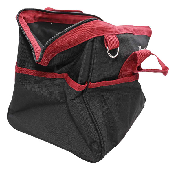 A Razertip tool bag half closed showing the top zipper and d-ring for the shoulder strap.