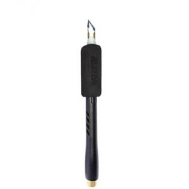 This is a medium size tip on the  woodburning pen with a black foam grip and a gold end for the cord input.
