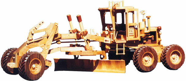 A wooden model of the completely finished Road Grader Wood Toy Plan.
