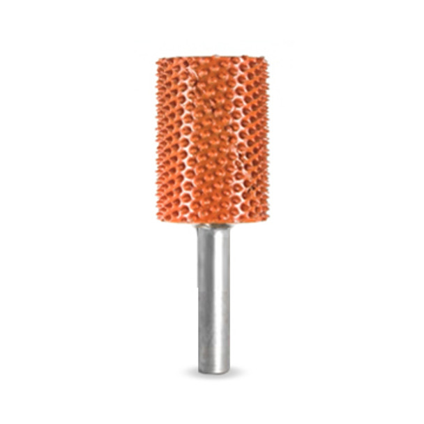 A SaburrTooth 3/4" Safe End Cylinder Burr in an orange Ex-Coarse grit with a 1/4" shank.