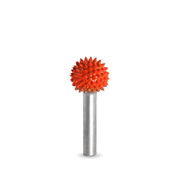 A SaburrTooth 5/8" Sphere Burr in an orange Ex-Coarse grit with a 1/4" shank.