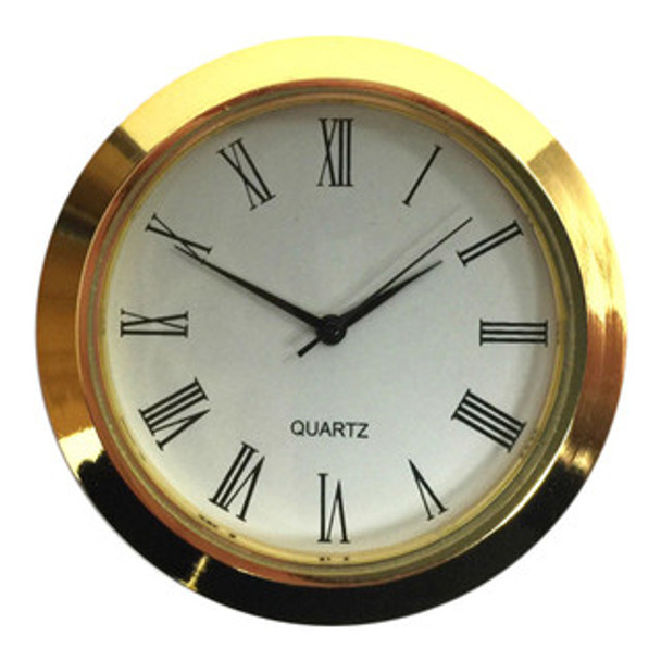A White Roman 2" Clock Insert with a gold bezel and black clock lettering.